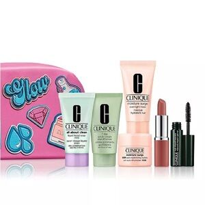 Clinique 7pc Travel Size Makeup Skincare Samples Gift Set Pink Bag